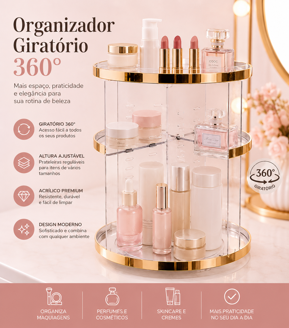 Organizador Maquiagem Giratório Acrílico Porta Cosméticos