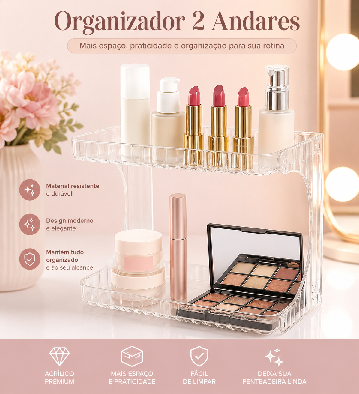 Organizador de Maquiagem 2 Andares em Acrílico Transparente